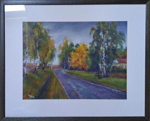 BŘEZOVÁ ALEJ, suchý pastel 40x50cm,bílá pasparta, modrošedý rám