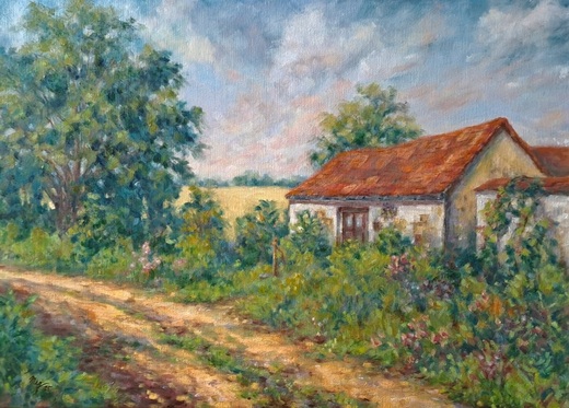CHALOUPKA U CESTY, olejomalba 50x70cm,nerámováno