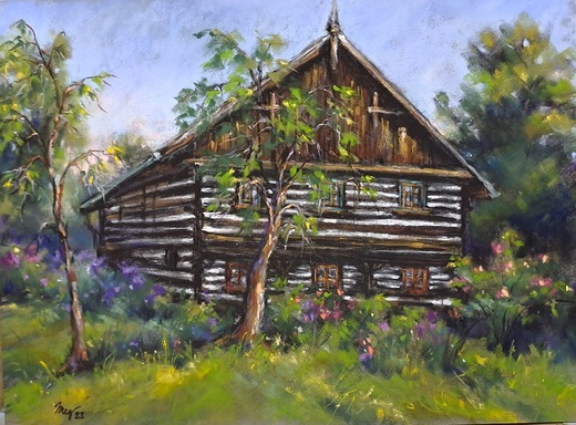 KOKOŘÍNSKO, suchý pastel 30x40cm,bílá pasparta,přírodní rám