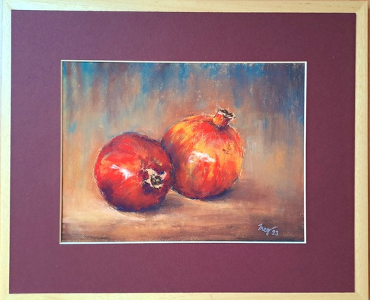 GRANÁTOVÁ JABLÍČKA, suchý pastel 28x34cm,bordó pasparta,přír.rám