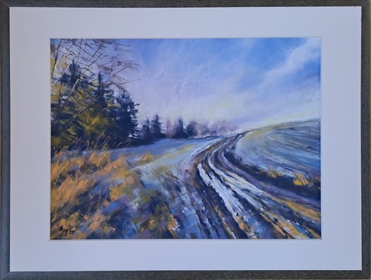 NA KONCI ZIMY, suchý pastel 30x40cm, bílá pasparta,tm.modrý rám