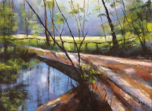 NA MOSTKU, suchý pastel 40x50cm, tm.modrá pasparta,přírodní rám