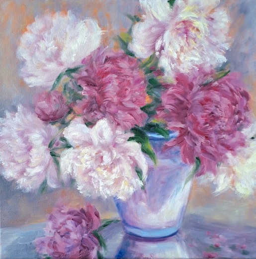 Pivoňky, olejomalba 40x40cm