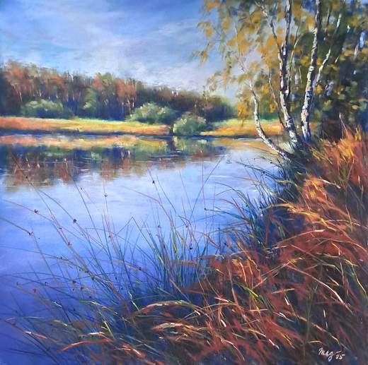 Podvečer u rybníka II., suchý pastel 40x40cm.jpg