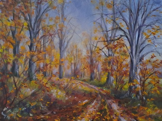 PODZIMNÍ PROCHÁZKA, olejomalba 30x40cm,přírodní rám
