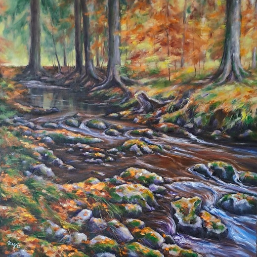 POSEZENÍ U POTOKA, olejomalba 70x70cm,nerámováno