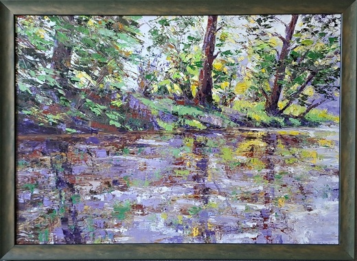 ŘÍČNÍ IMPRESE, olejomalba 50x70cm, masivní tm.zelený rám