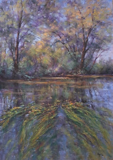 ROZKVETLÁ ŘEKA, suchý pastel 45x64cm, přírodní rám