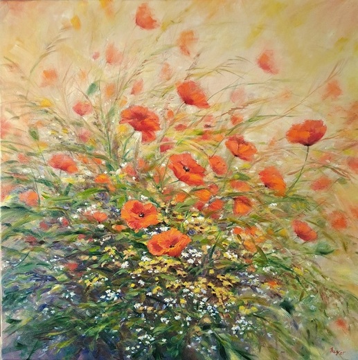 Roztančené máky, olejomalba 60x60cm, nerámováno