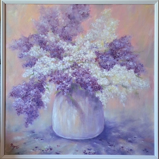 ŠEŘÍKY VE VÁZE, olejomalba 60x60cm, masivní bílý rám